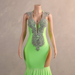 Green Mermaid V-NECK Prom Dresses Sequined Open Back Sleeveless Lace Crystal Formal Evening Party Gowns