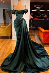 Off-the-Shoulder Prom Dress with Long Slit and Pleated Detail