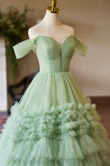 Green Off the Shoulder Tulle Layers Long Formal Dress, Green Evening Party Dress