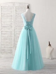 Green Round Neck Lace Tulle Long Prom Dress, Evening Dress