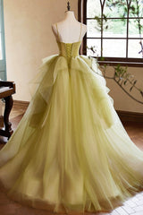 Green Ruffle Long A-Line Prom Dresses, Spaghetti Straps Backless Evening Dresses