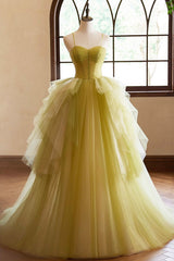 Green Ruffle Long A-Line Prom Dresses, Spaghetti Straps Backless Evening Dresses