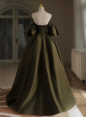 Green Satin A-line Long Prom Dress Party Dress, Green Off Shoulder Evening Dress