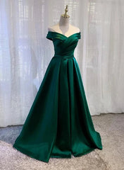 Green Satin A-line Off Shoulder Floor Length Party Dress Green Prom Dress prom dresses shops