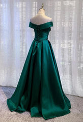 Green Satin A-line Off Shoulder Floor Length Party Dress Green Prom Dress prom dresses shops