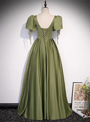 Green Satin A-line Puffy Sleeves A-line Prom Dress, V-neck Simple Long Formal Party Gown