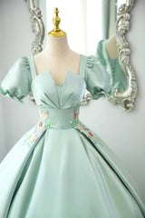 Green Satin Lace Long Prom Dress, Beautiful A-Line Short Sleeve Evening Party Dress