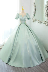 Green Satin Lace Long Prom Dress, Beautiful A-Line Short Sleeve Evening Party Dress