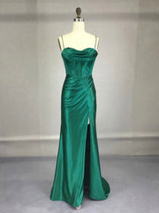 Green Satin Long Prom Dresses, Green Mermaid Long Formal Dresses