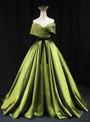 Green Satin Off the Shoulder Pleats Prom Dress With Belt