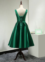 Green Satin Tea Length Bridesmaid Dress, Lovely Green Homecoming Dress