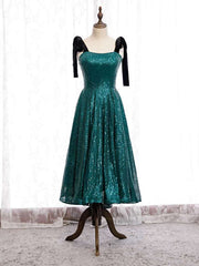 Green Sequins Straps Tea Length Prom Dress