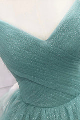 Green Spaghetti Strap Long Prom Dress, Green V-Neck Tulle Evening Dress