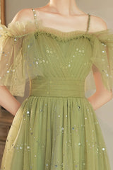 Green Spaghetti Strap Tulle Short Prom Dress, Charming Knee Length A-Line Party Dress