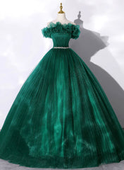 Green Tulle Beaded Waist Ball Gown Sweet 16 Dress, Off Shoulder Green Prom Dress