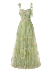 Green Tulle Embroidery Lace Straps Prom Dress