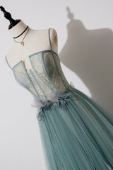 Green Tulle Lace Long A-Line Prom Dress, Spaghetti Strap Evening Dress