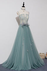 Green Tulle Lace Long A-Line Prom Dress, Spaghetti Strap Evening Dress