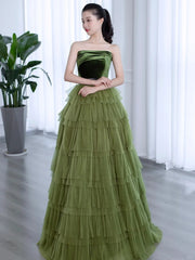 Green Tulle Layers Strapless A-line Long Party Dress, Green Tulle Prom Dress Evening Dress