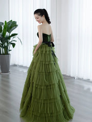 Green Tulle Layers Strapless A-line Long Party Dress, Green Tulle Prom Dress Evening Dress