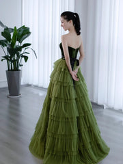 Green Tulle Layers Strapless A-line Long Party Dress, Green Tulle Prom Dress Evening Dress