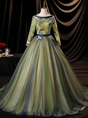 Green Tulle long Sleeve Embroidery Appliques Quinceanera Dress