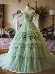 Green Tulle Off the Shoulder Tiers Princess Quinceanera Dress