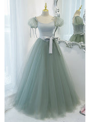 Green Tulle Puff Sleeve Prom Dress With Belt