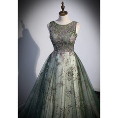 Green Tulle Round Neckline Long Party Dress, Green Lace Prom Dress