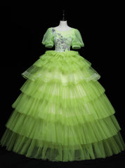 Green Tulle Tiers Puff Sleeve Appliques Quinceanera Dress