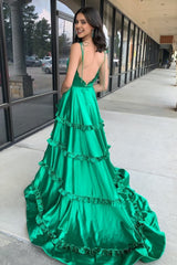 Green V-Neck Backless Ruffle A-Line Prom Gown with Slit