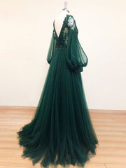 Green V Neck Lace A line Long Prom Dress,Tulle Evening Dresses Long Sleeve