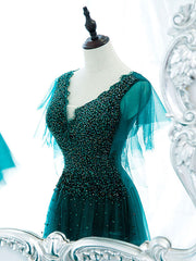 Green V Neck Sequin Beads Long Prom Dress, Green Formal Bridesmaid Dresses