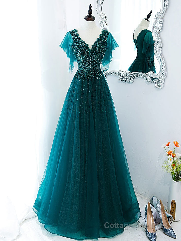 Green v neck tulle beads long prom dress, green tulle formal dress