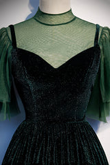 Green Velvet Long A-Line Prom Dress, Green Formal Evening Dress