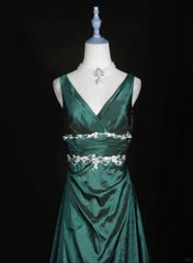 Green Vintage Style Taffeta with Lace Prom Dress, Green Long Party Dress