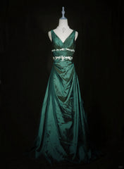 Green Vintage Style Taffeta with Lace Prom Dress, Green Long Party Dress