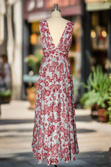 Grey and Pink Floral Long Bridesmaid Dress