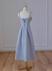 Grey Blue Tea Length Satin Straps Formal Dress, A-line Wedding Party Dress