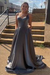 Grey Spaghetti Straps Backless Long Prom Dress with Pockets