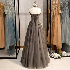 Grey Sweetheart Beaded Straps Long Tulle Prom Dress, Grey A-line Formal Dress Evening Dress