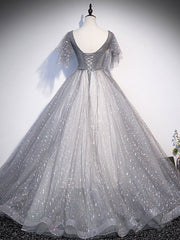 Grey V-neckline Tulle Low Back Long Prom Dress, Grey Formal Dress Party Dress