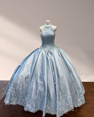 Halter Beaded Sky Blue Satin Ball Gown Quincea?era Dress