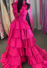 Halter Neck Ball Gown Long Prom Dresses with Ruffle Skirt