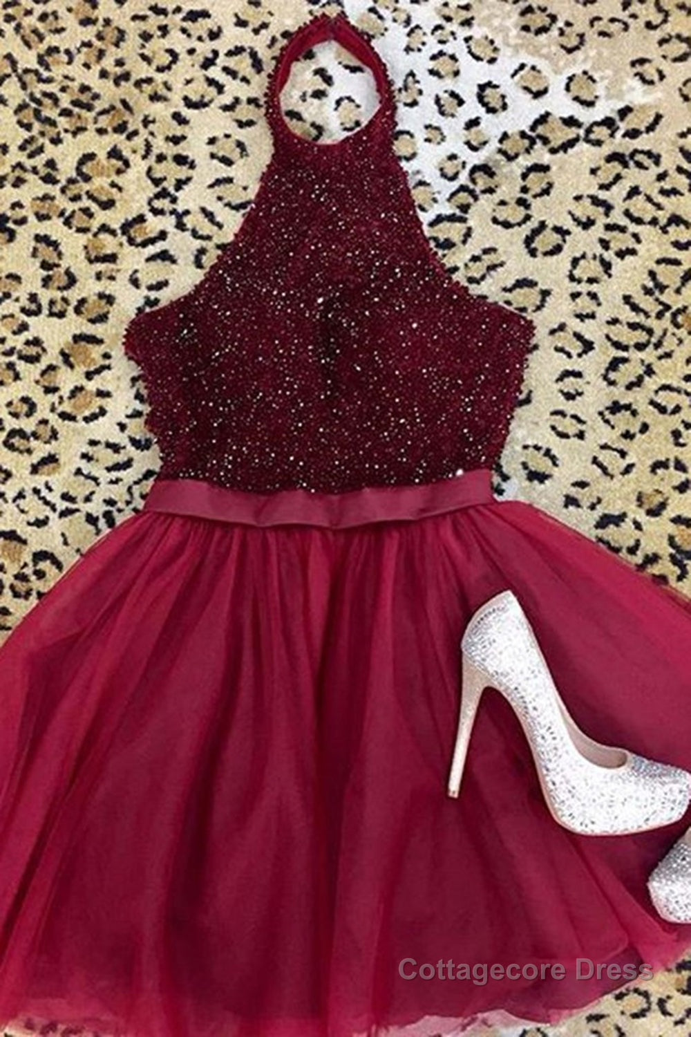 Halter Neck Open Back Beaded Burgundy Prom Dress, Backless Burgundy Homecoming Dress, Short Burgundy Formal Evening Dress