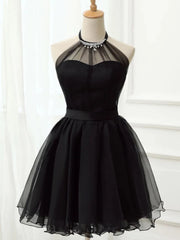 Halter Neck Short Black Prom Dresses, Short Black Graduation Homecoming Dresses, Little Black Dresses