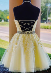 Halter Neck Short Yellow Lace Prom Dressses, Backless Short Yellow Lace Formal Homecoming Dresses