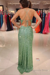 Halter Sparkly Green Sequins Long Prom Dress with Slit