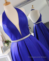 Halter V Neck Backless Blue Long Prom Dresses with Belt, Backless Blue Formal Evening Dresses