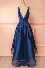 High Low V Neck Blue Satin Prom Dresses, Open Back Blue Formal Dresses, Blue Evening Dresses